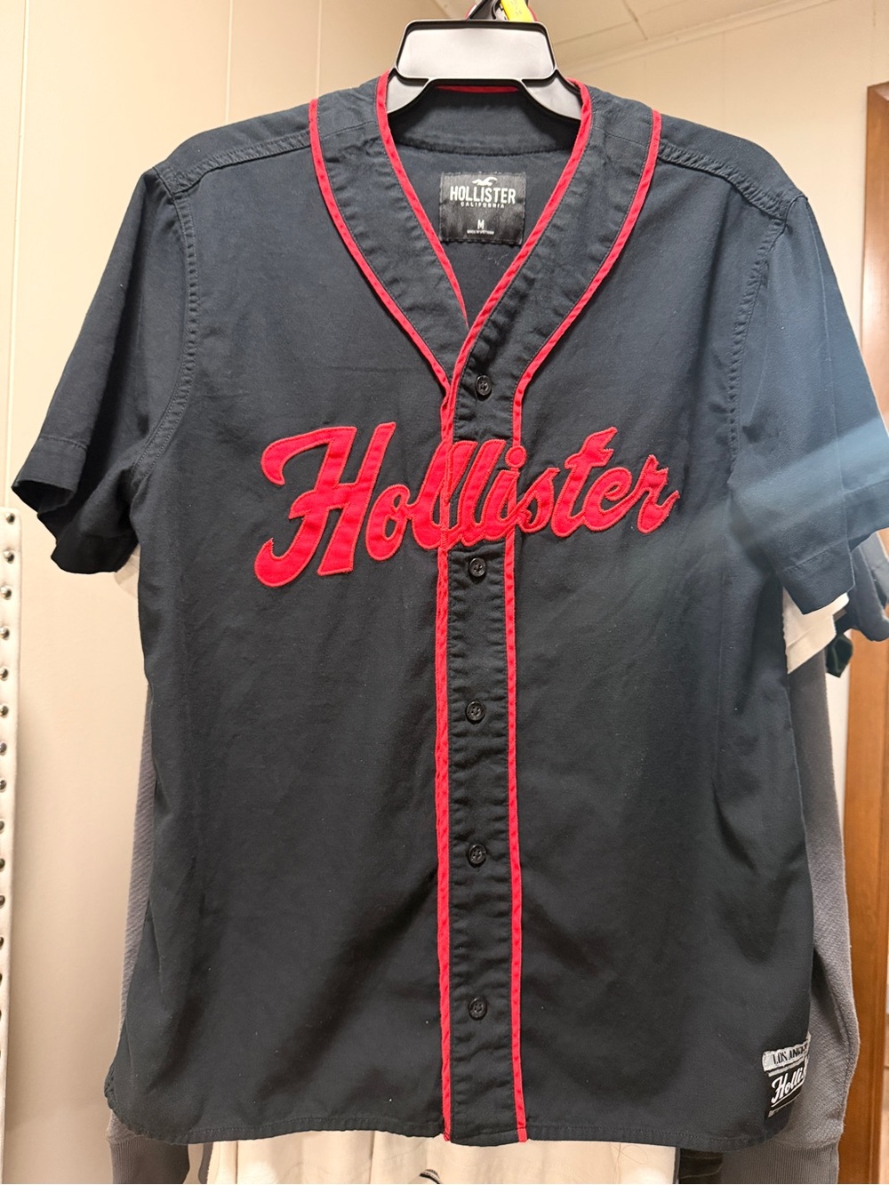Hollister Navy Short-Sleeve Button-Up with Red Contrast Piping